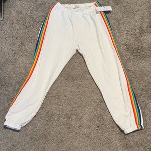 Spiritual Gangster White Joggers with Rainbow Stripes